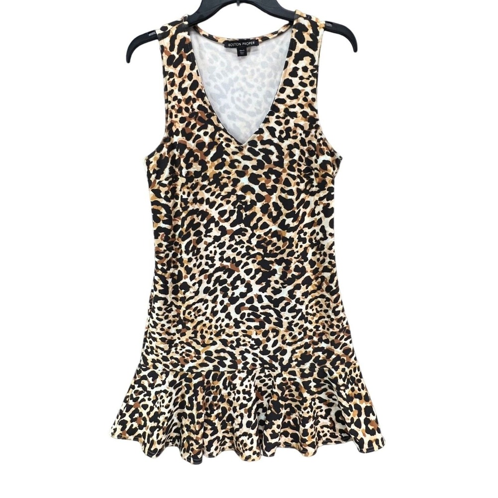 Boston Proper Leopard Print Dress Womens S Bodycon Ruffle Hem Sleeveless Mini - Picture 2 of 14